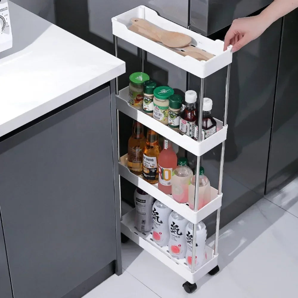 Bathroom Storage Rack with Wheels 3/4 Layer Rolling Utility Cart Bathroom Storage Organizer Multi-purpose Utility Cart