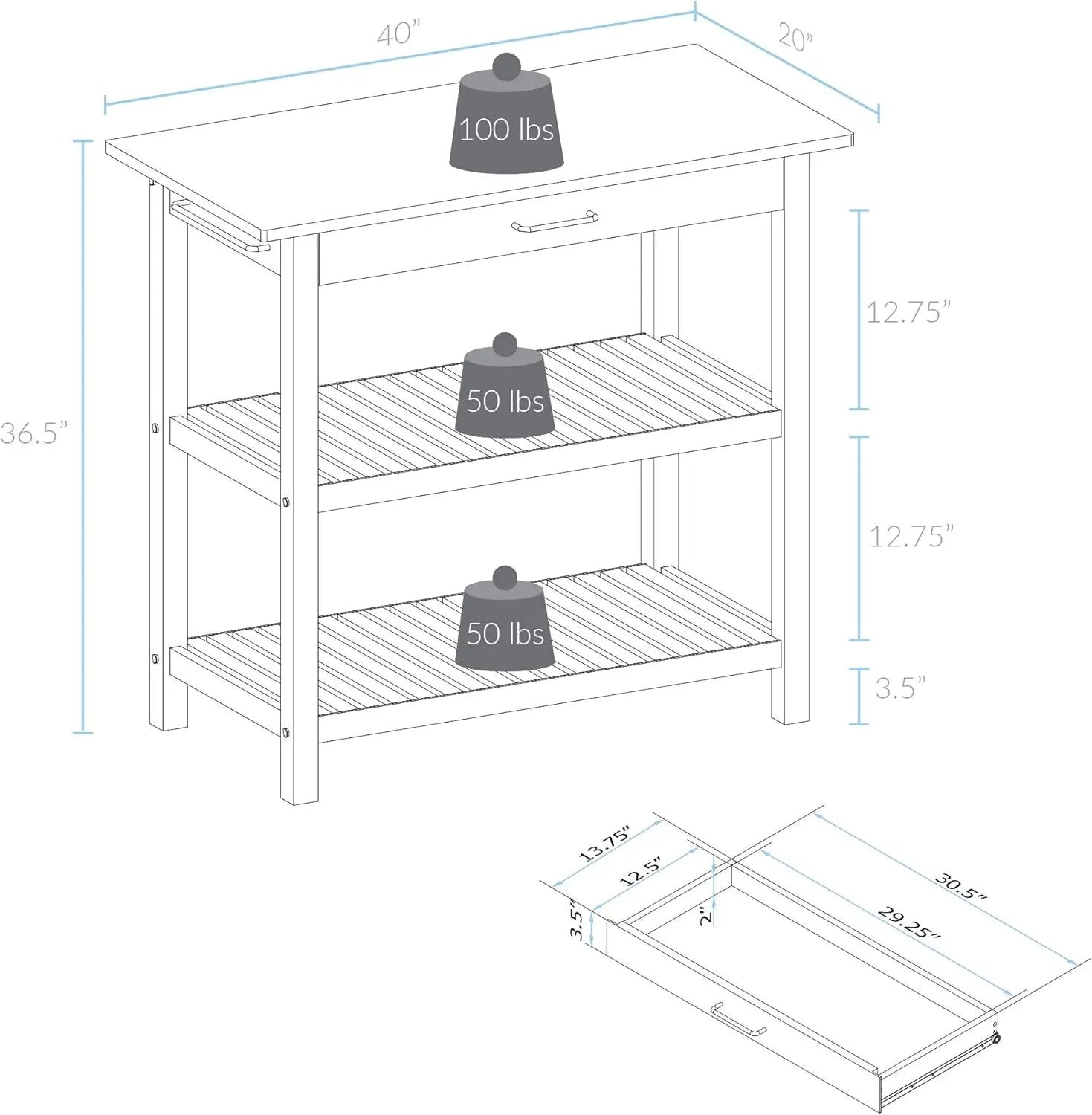 Natural/White Kitchen Island Natural&White Solid Wood Top