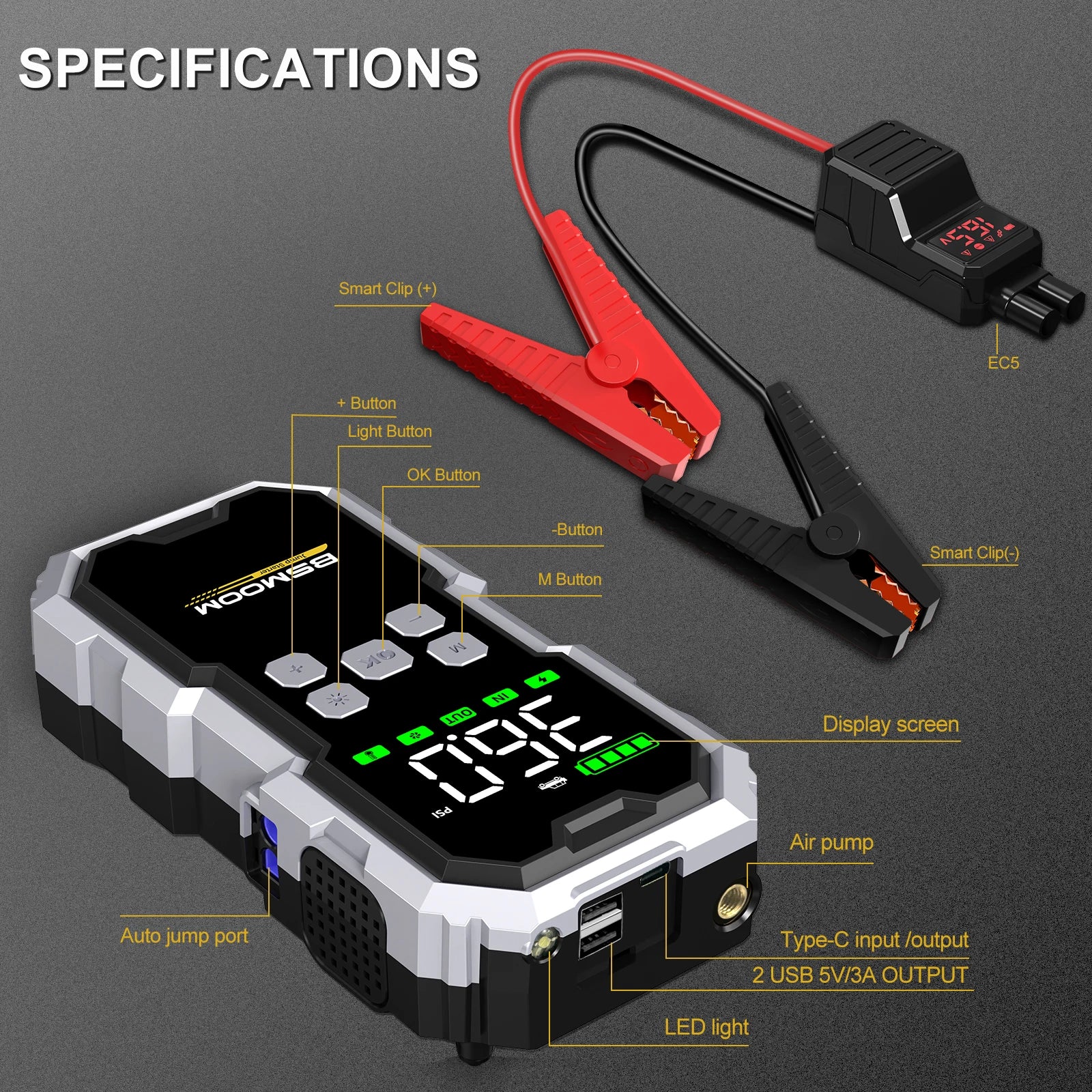 Car Jump Starter With Air Compressor LCD Screen 21800mAh Portable Booster Charger 6000A Powerful Car Battery Starting Devi