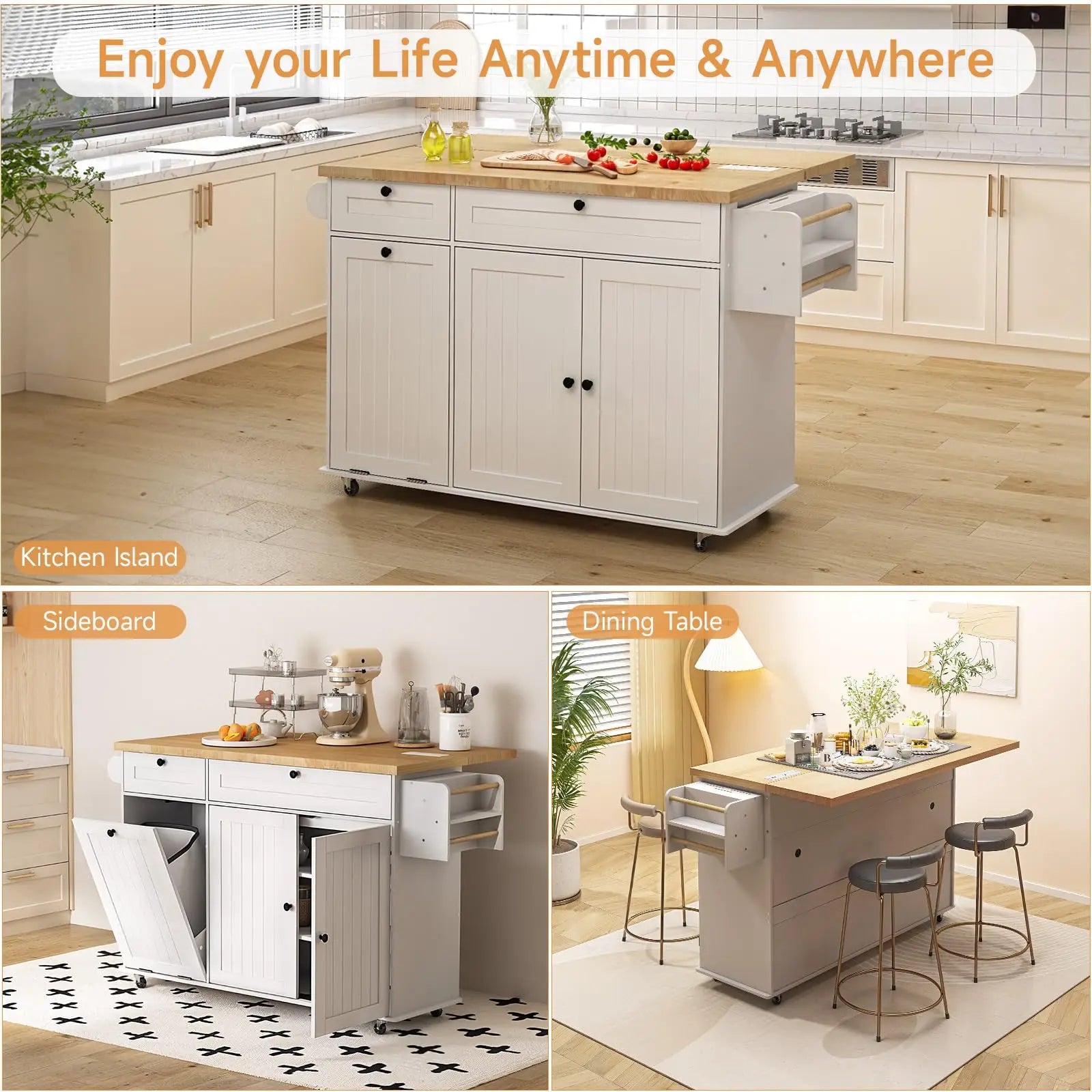60" Mobile Kitchen Islands Rolling Trolleys Kitchen Island Table Drop Leaf Home Carts with Power Outlet Spice Towel Rack Trash
