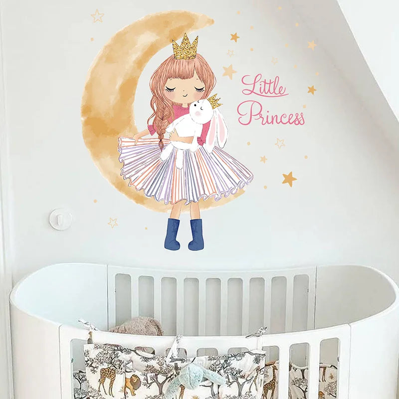 Girl Moon Butterflies Wall Stickers Kid Girls Room Bedroom Decoration Baby Nursery Home Decor Accessories Living Room Wall Decal