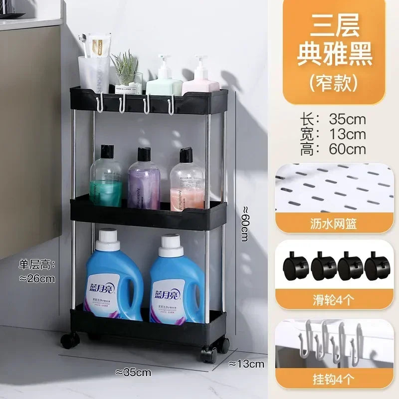 Bathroom Storage Rack with Wheels 3/4 Layer Rolling Utility Cart Bathroom Storage Organizer Multi-purpose Utility Cart