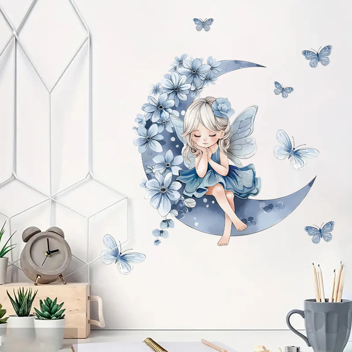 Girl Moon Butterflies Wall Stickers Kid Girls Room Bedroom Decoration Baby Nursery Home Decor Accessories Living Room Wall Decal