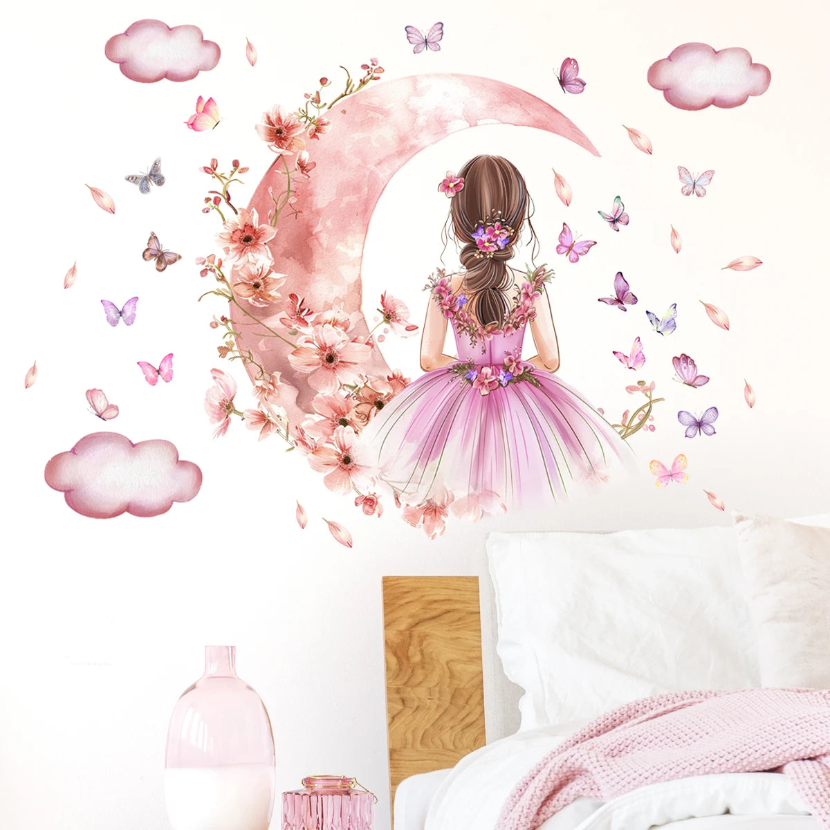 Girl Moon Butterflies Wall Stickers Kid Girls Room Bedroom Decoration Baby Nursery Home Decor Accessories Living Room Wall Decal