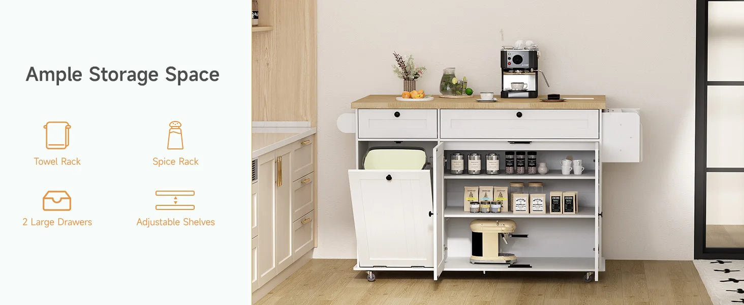 60" Mobile Kitchen Islands Rolling Trolleys Kitchen Island Table Drop Leaf Home Carts with Power Outlet Spice Towel Rack Trash